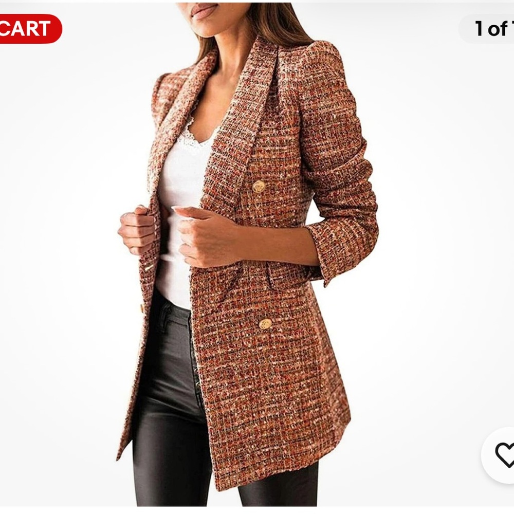 Double-Breasted Brown Tweed Blazer Jacket - Picture 9 of 9